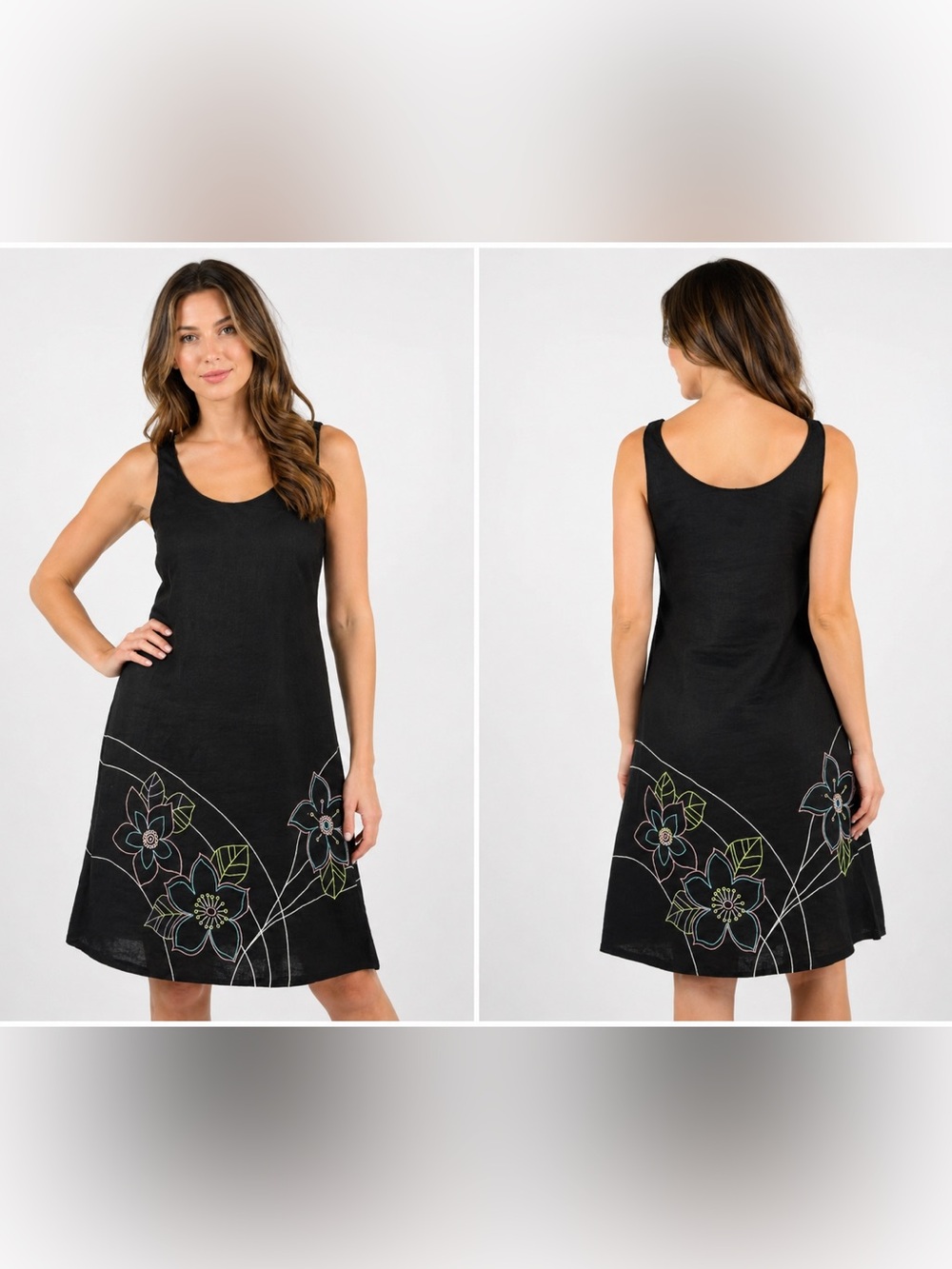 Alexandra Bartlett 100% Linen Black Floral Embroidered Sleeveless Dress Size 10